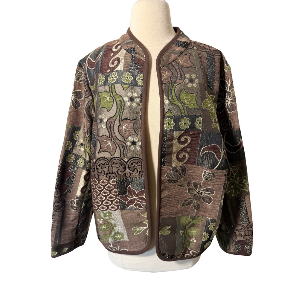 Dressbarn Woman 1X Tapestry Patchwork Jacket Brown Green Floral Open Front Coat
